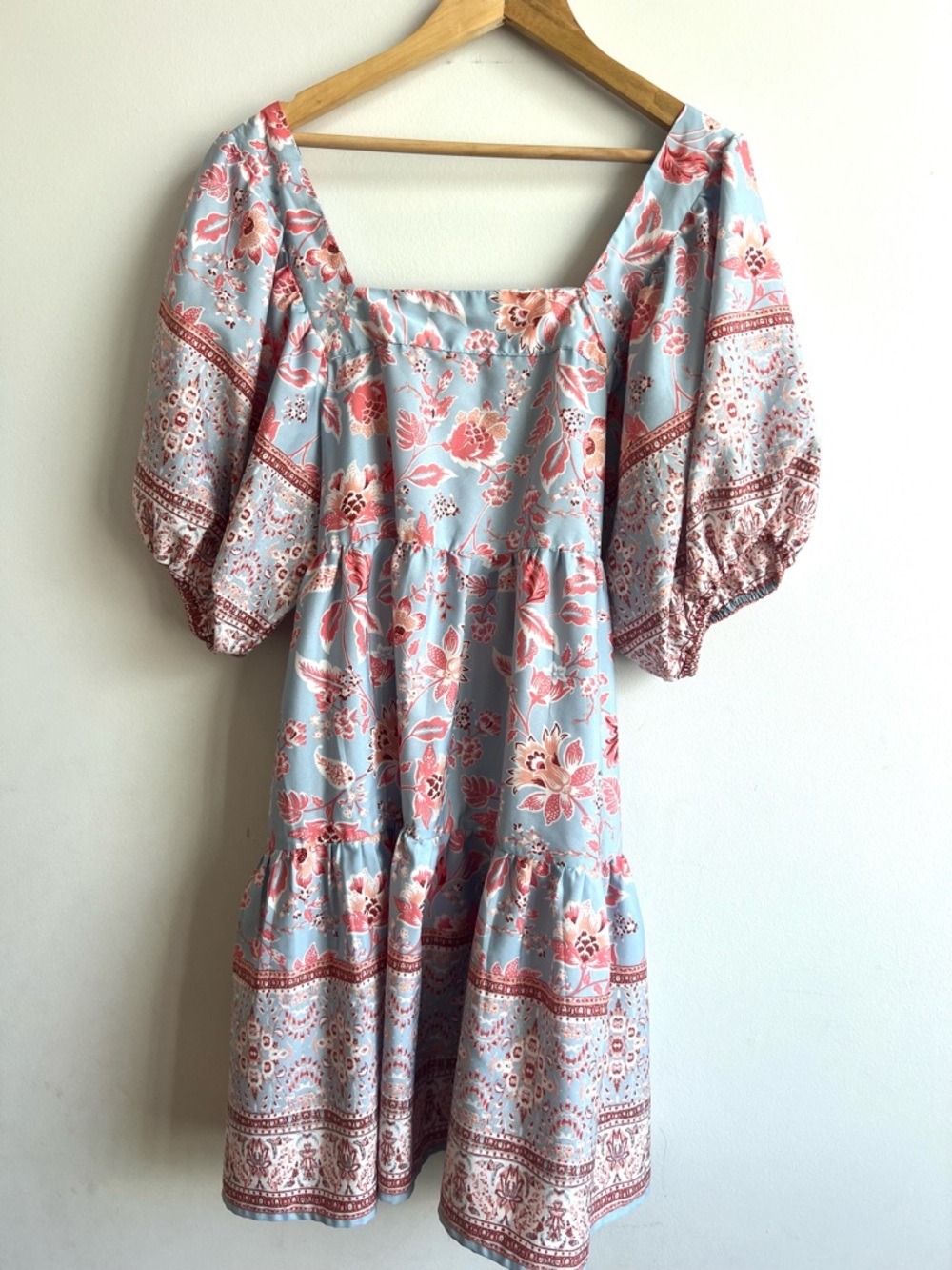 Floral Puff Sleeve Tiered Mini Dress - Blue & Coral Paisley Boho Indie Sleeze